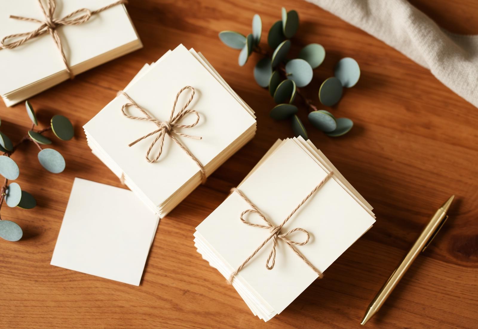 Bundled stacks of cream cards tied with kraft twine on a wooden table