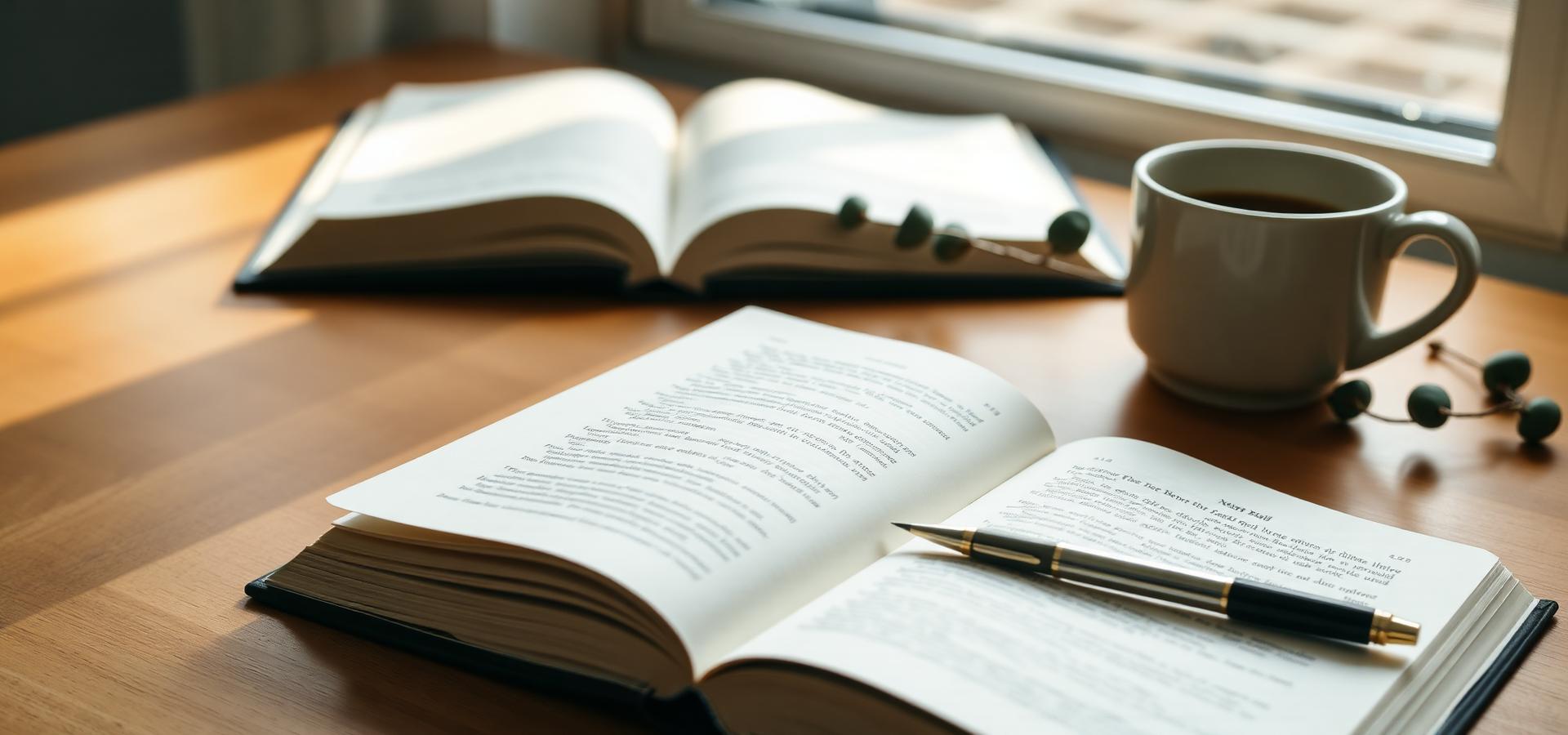 An open journal, Bible, and coffee cup on a sunlit oak desk