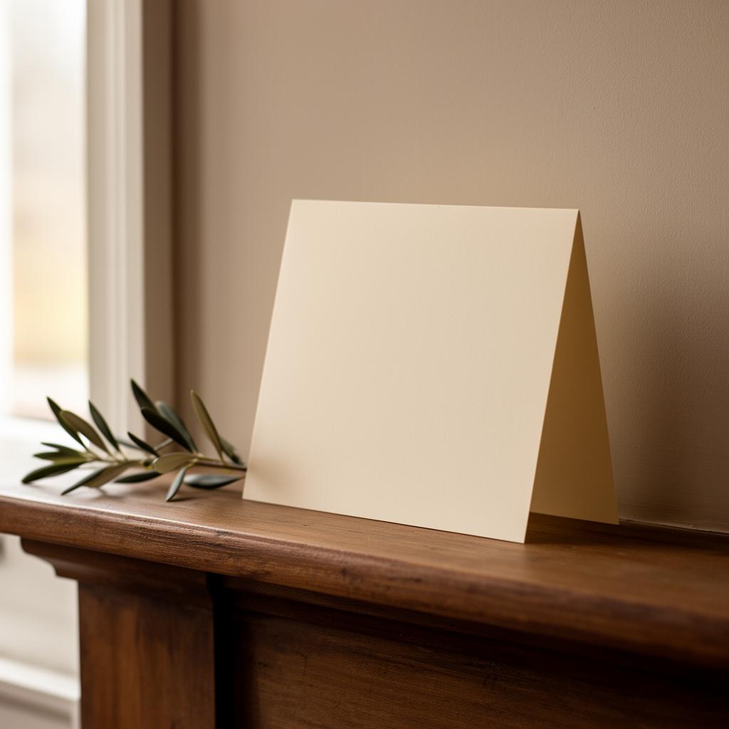A cream card resting on a wooden mantel